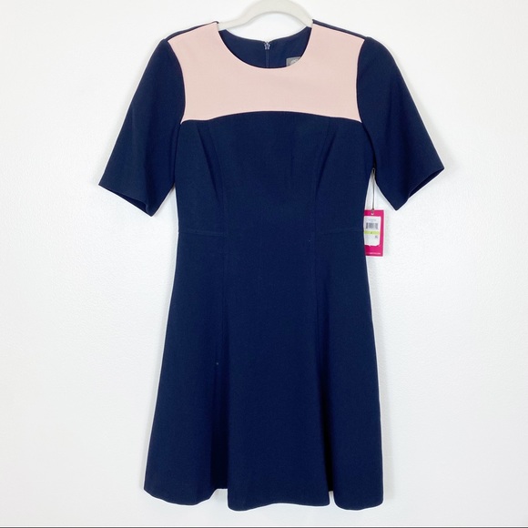 Vince Camuto Crepe Elbow Sleeve Color Block Navy and Pink Dress - Picture 2 of 12